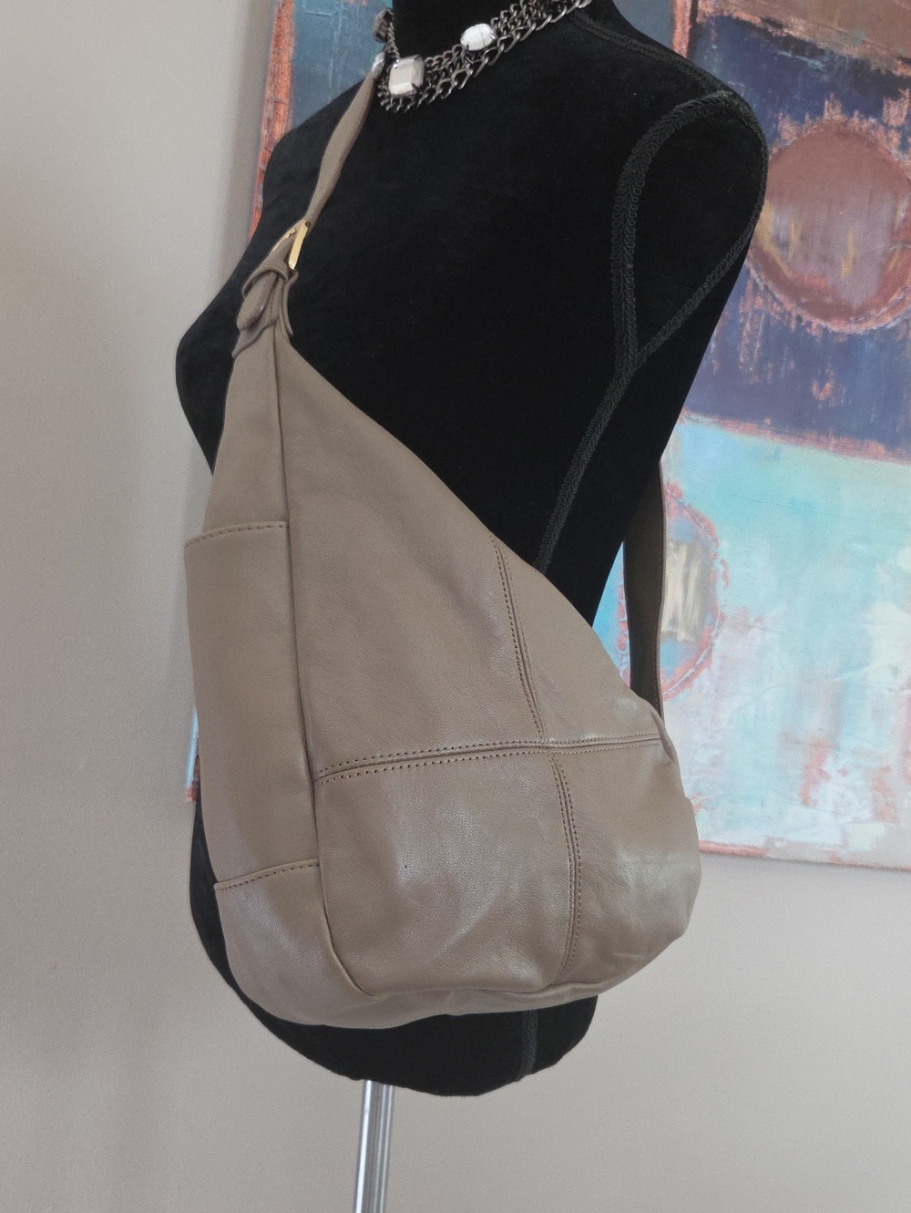 Vintage Taupe Leather Sling Crossbody Bag